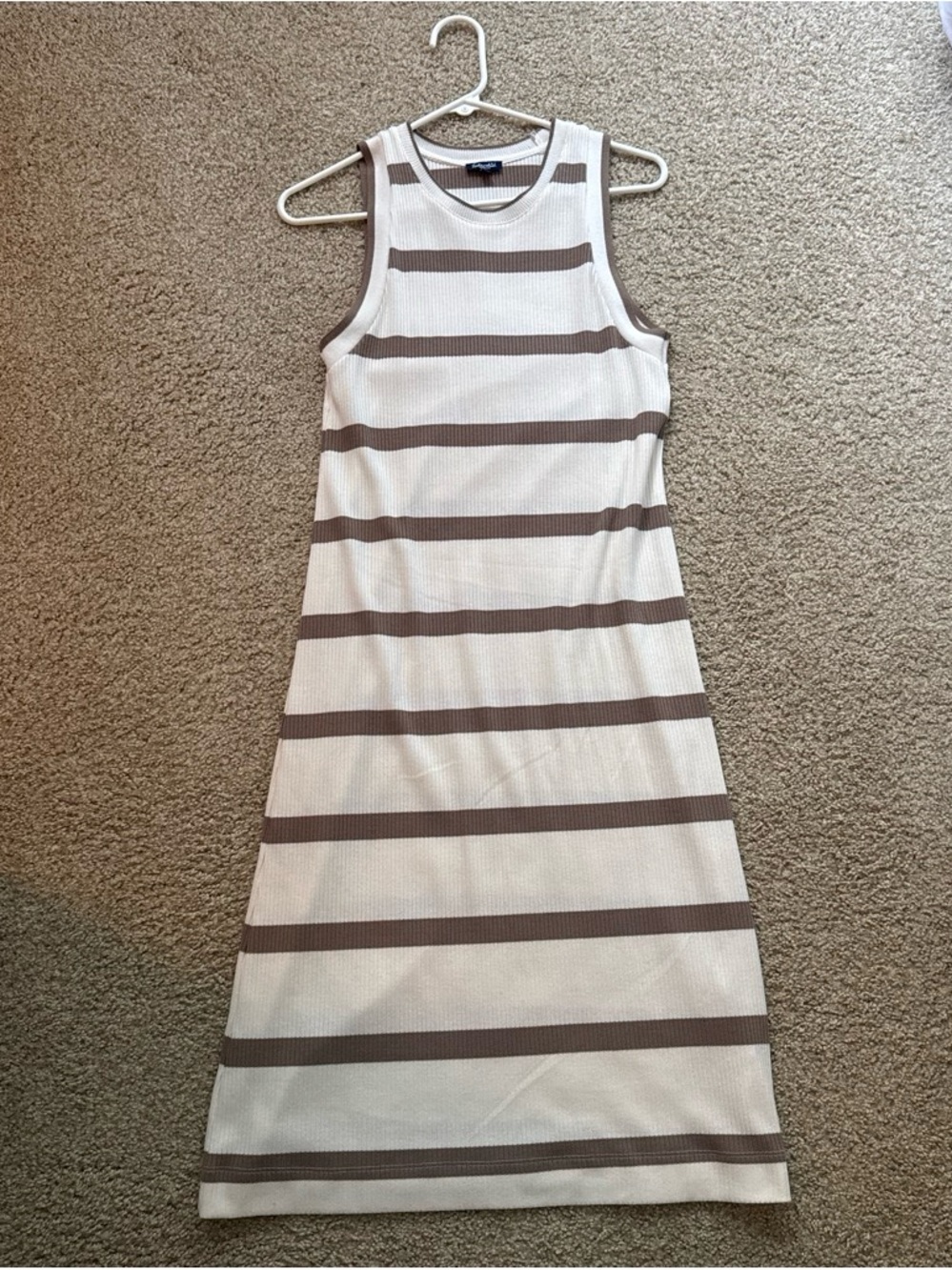 Splendid Cream and Brown Striped Sleeveless Midi Dress